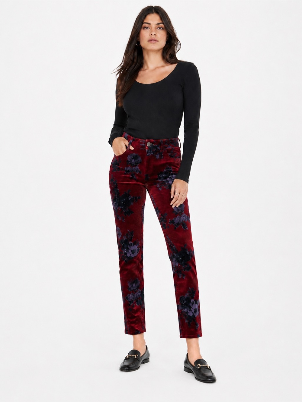 Free People Velvet Floral Skinny Pants Burgundy Navy boho whimsigoth Size 28 - Picture 2 of 11